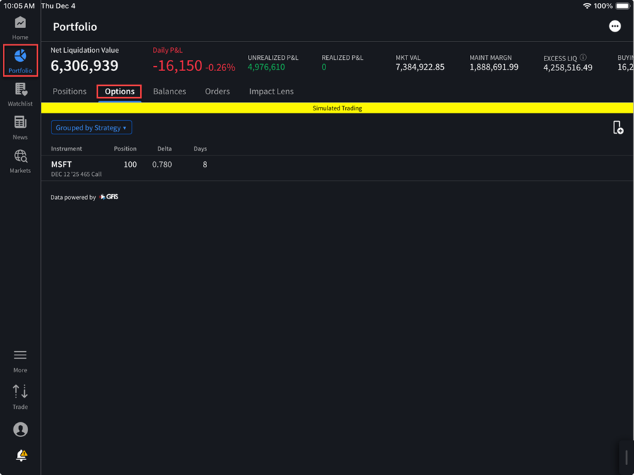 The portfolio options tab on the ipad. 